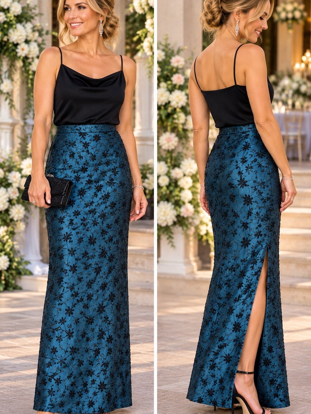 JS Collection Skirt Sz14 Teal Blue Black Formal Embroidered Long Formal NWT